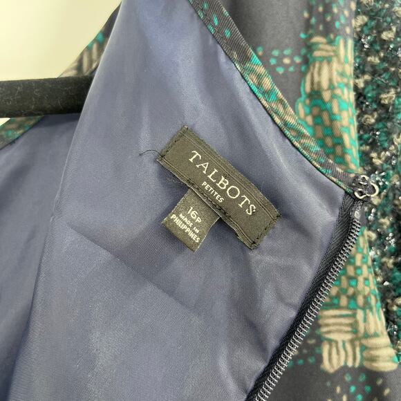 TALBOTS Tweed Dress Sz 16P Blue Green Dark Academia Mixed Media Metallic Preppy - Picture 10 of 13